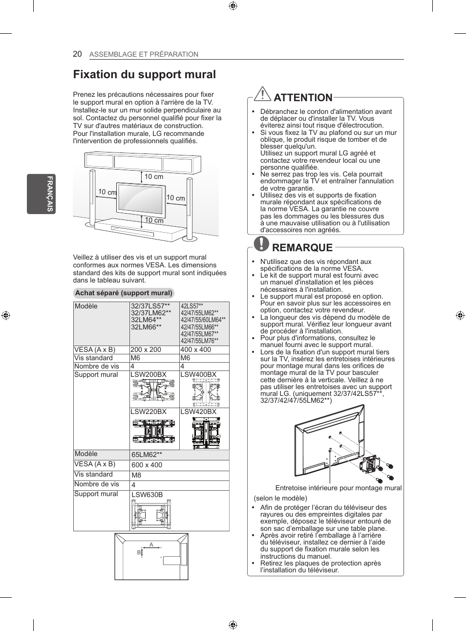 Fixation du support mural, Attention, Remarque | LG 55LM670S User Manual | Page 84 / 309