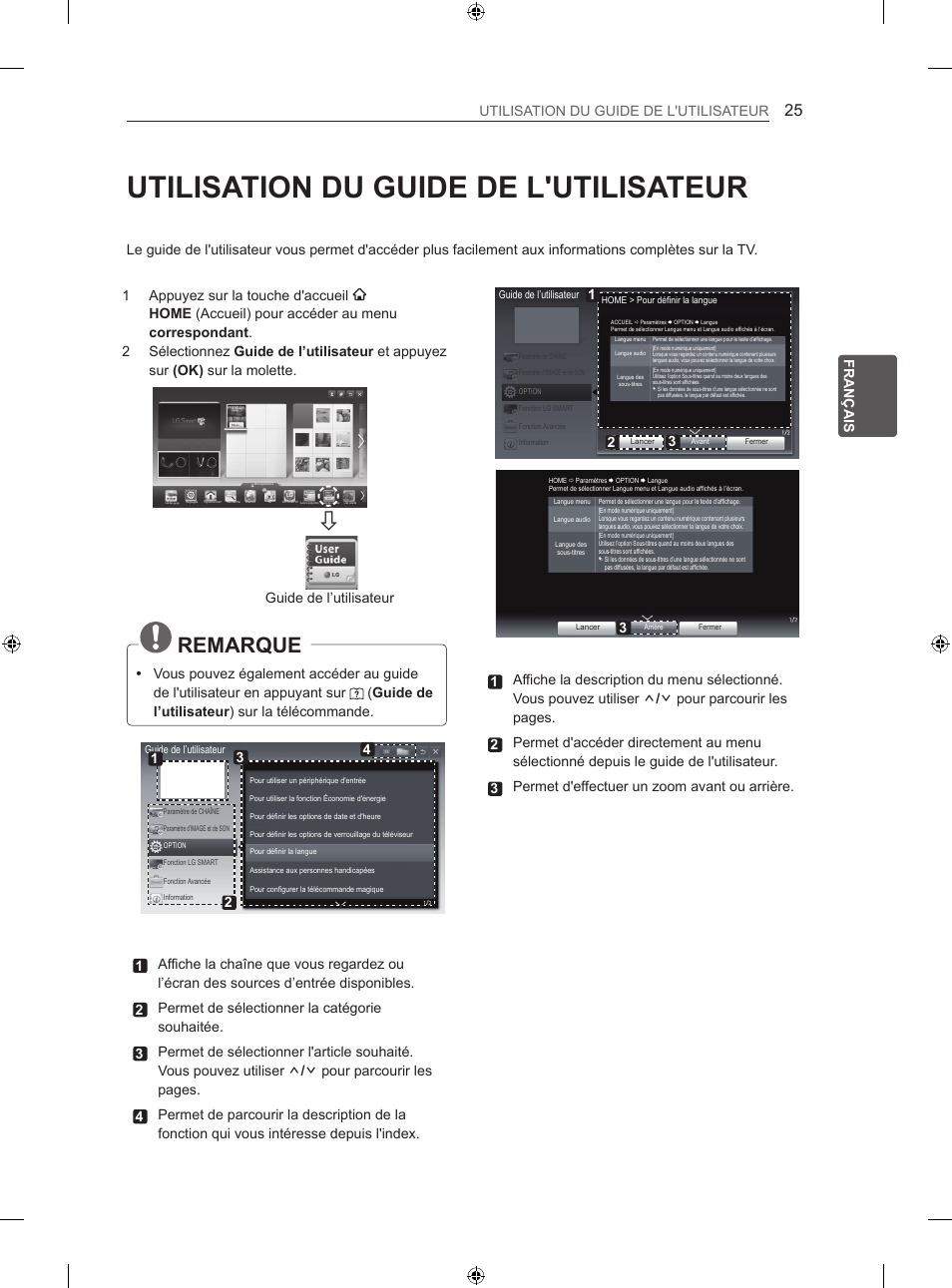 Utilisation du guide de l'utilisateur, Remarque, Guide de l’utilisateur | LG 55LM670S User Manual | Page 89 / 309