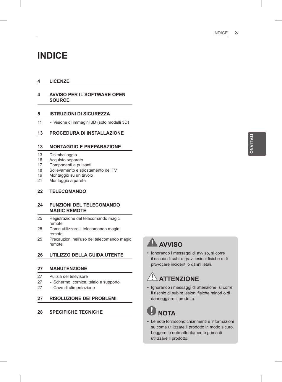 Indice, Avviso, Attenzione | Nota | LG 55LM670S User Manual | Page 95 / 309