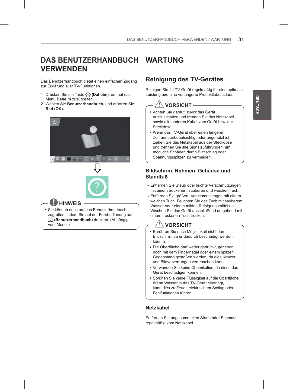 Das benutzerhandbuch verwenden, Wartung, Reinigung des tv-gerätes | LG 65UB950V User Manual | Page 108 / 359