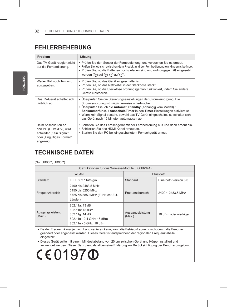 Fehlerbehebung, Technische daten | LG 65UB950V User Manual | Page 109 / 359