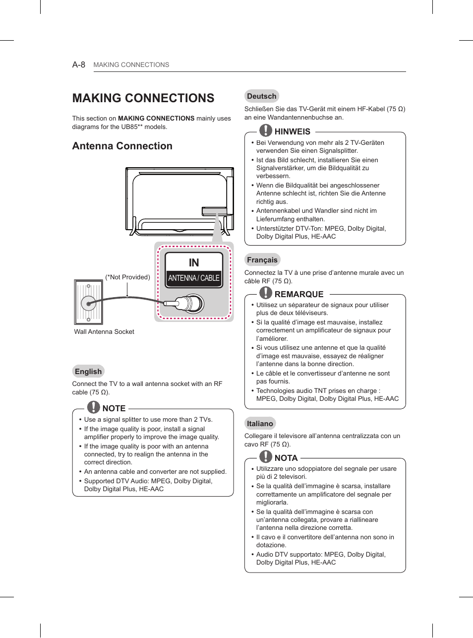 Making connections, Antenna connection | LG 65UB950V User Manual | Page 11 / 359
