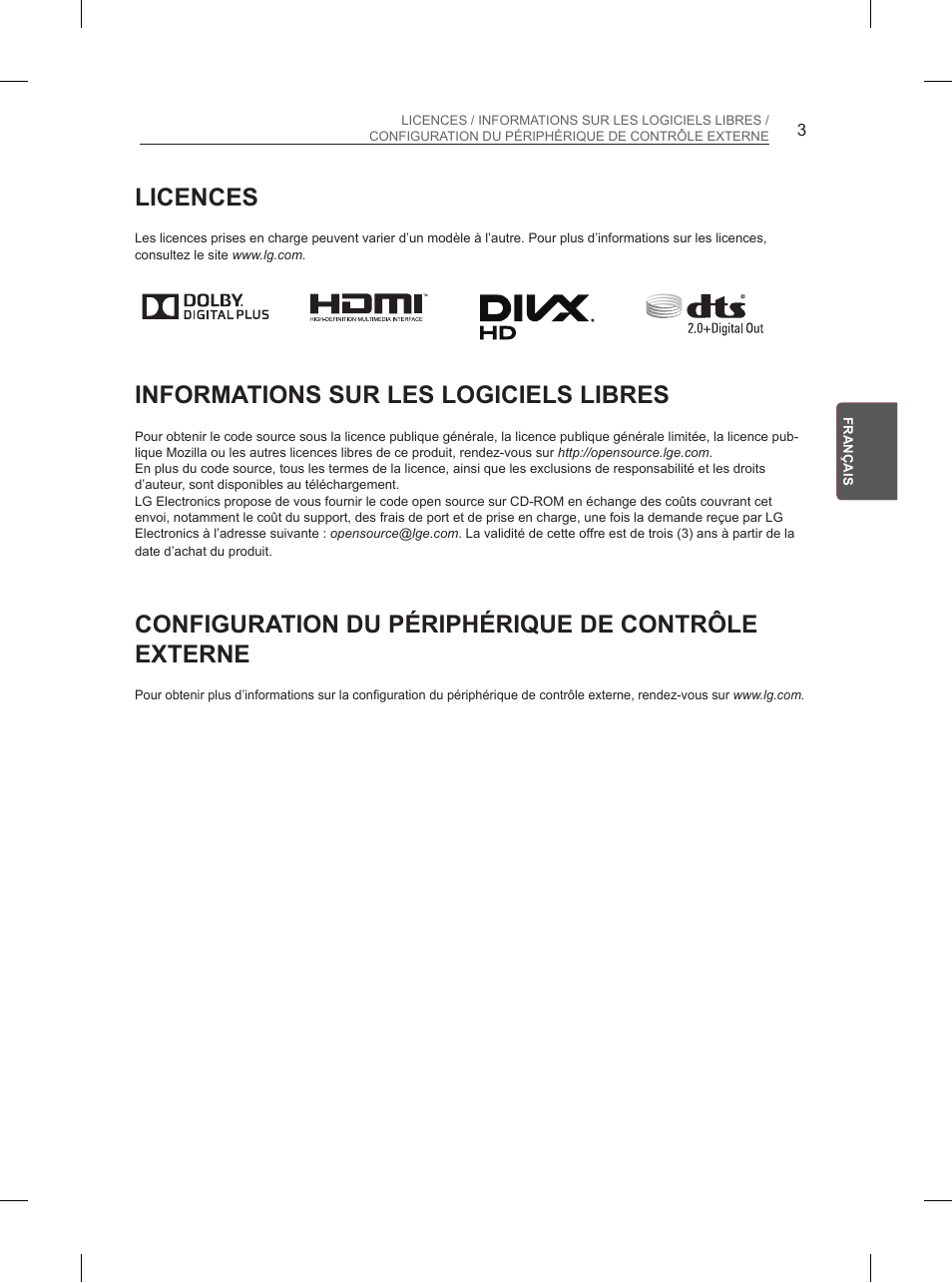 Licences, Informations sur les logiciels libres, Configuration du périphérique de contrôle externe | LG 65UB950V User Manual | Page 114 / 359