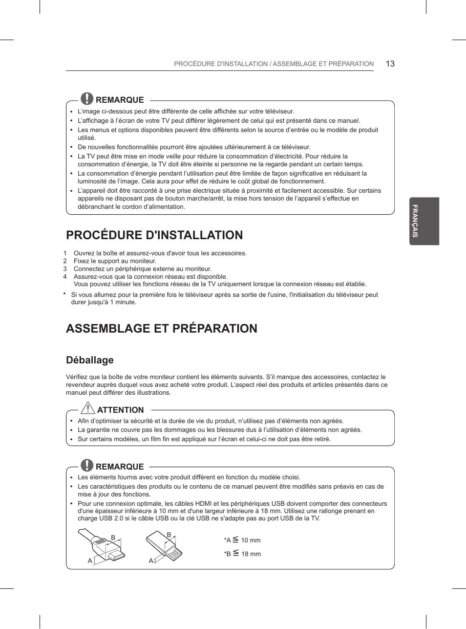 Procédure d'installation, Assemblage et préparation, Déballage | LG 65UB950V User Manual | Page 124 / 359