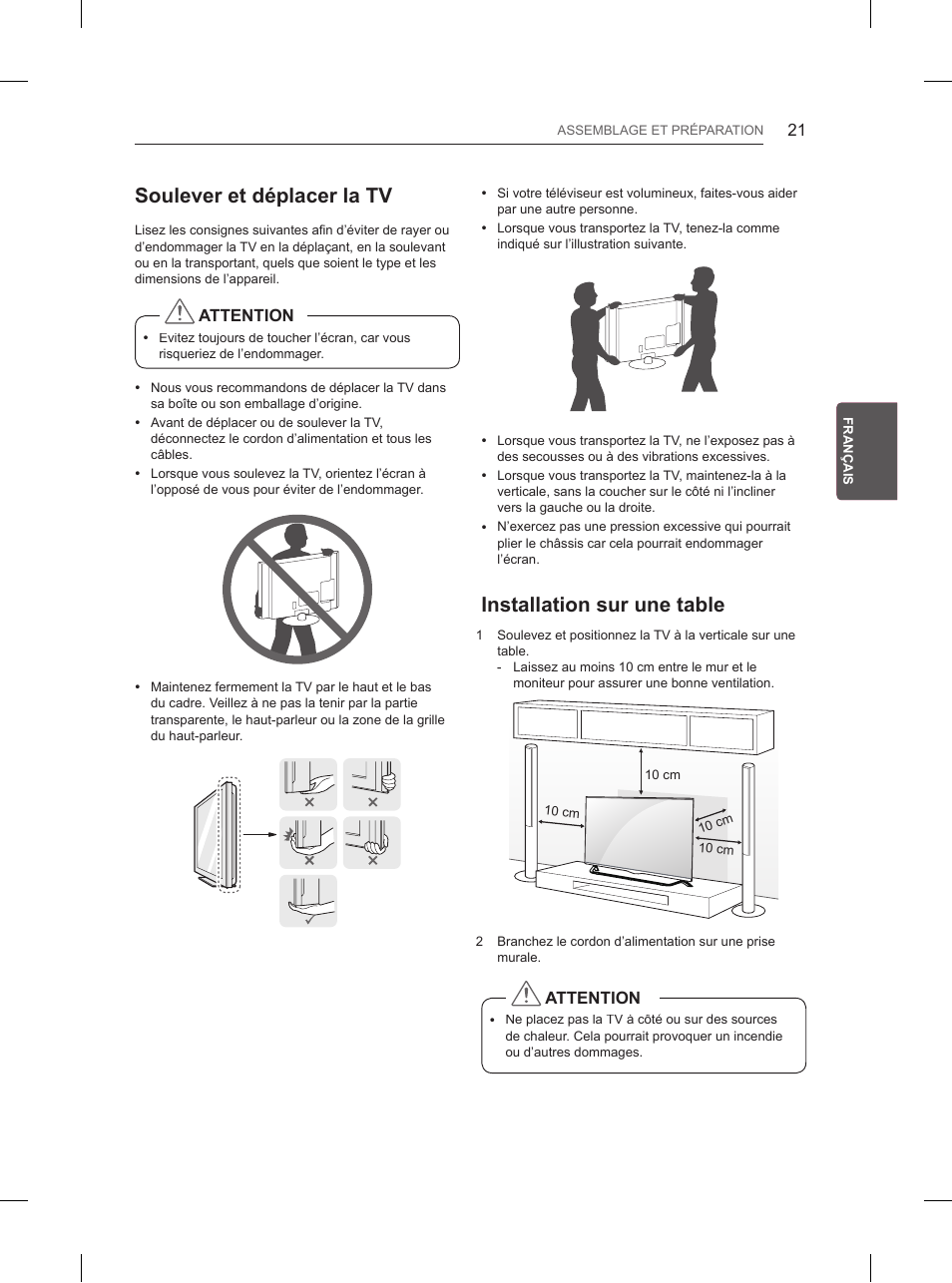 Soulever et déplacer la tv, Installation sur une table | LG 65UB950V User Manual | Page 132 / 359