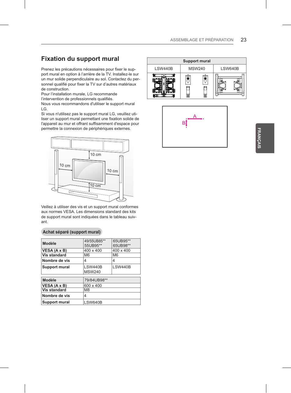 Fixation du support mural | LG 65UB950V User Manual | Page 134 / 359