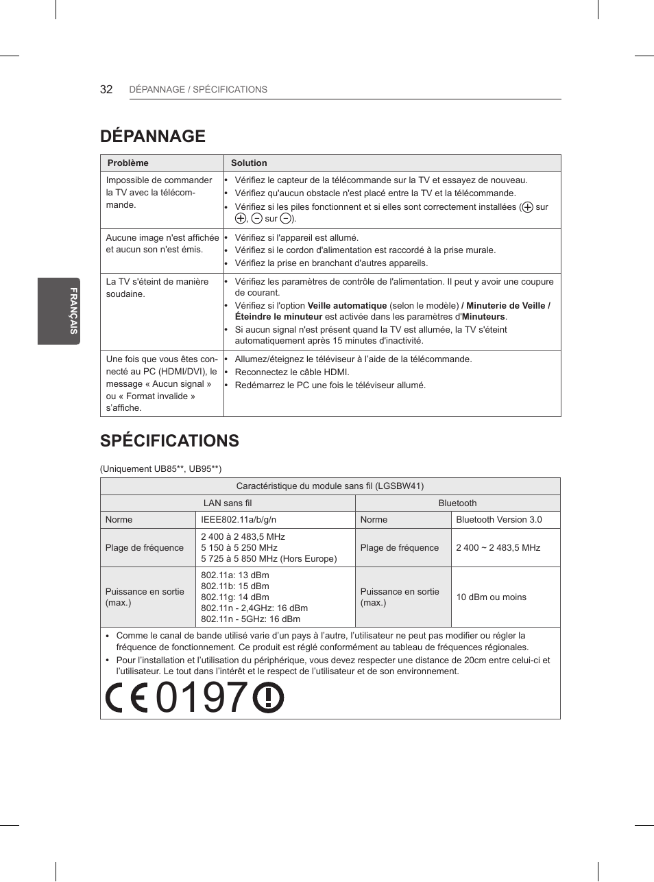 Dépannage, Spécifications | LG 65UB950V User Manual | Page 143 / 359