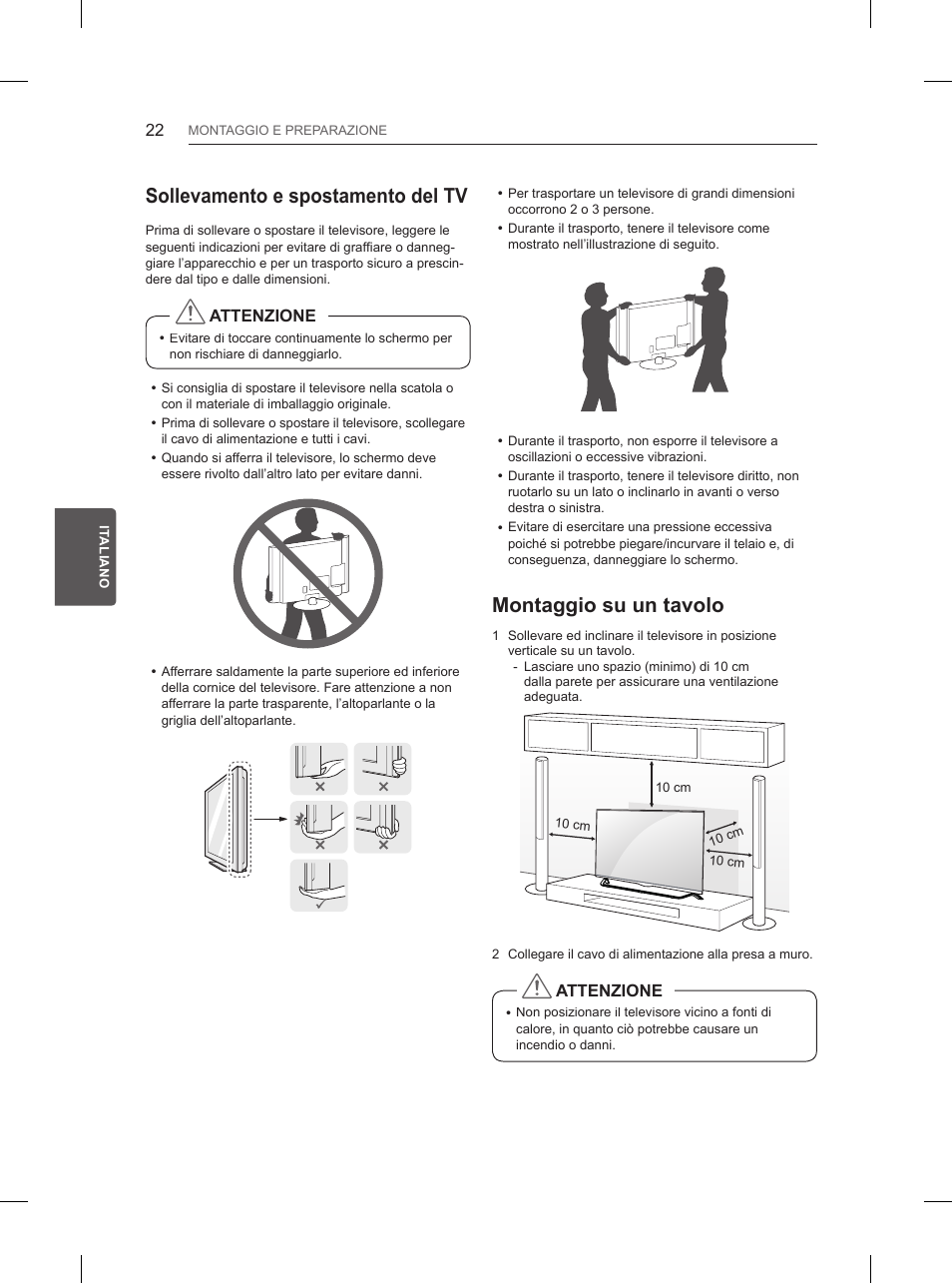 Sollevamento e spostamento del tv, Montaggio su un tavolo | LG 65UB950V User Manual | Page 167 / 359