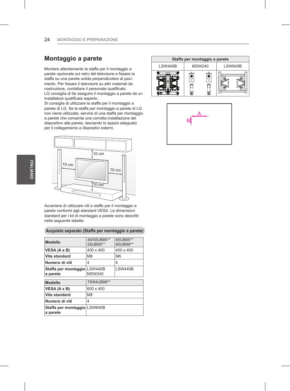 Montaggio a parete | LG 65UB950V User Manual | Page 169 / 359