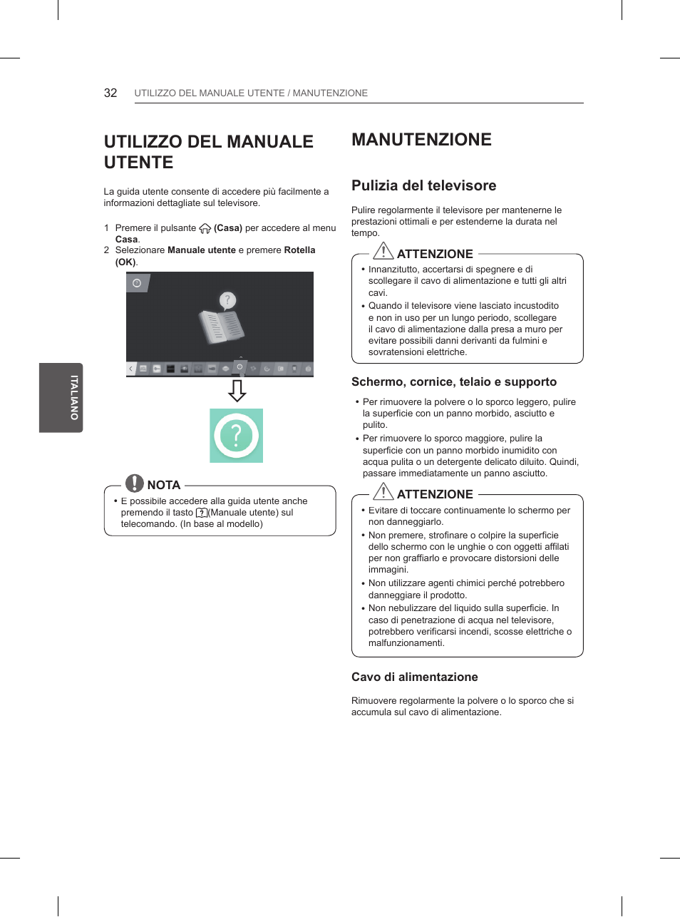 Utilizzo del manuale utente, Manutenzione, Pulizia del televisore | LG 65UB950V User Manual | Page 177 / 359