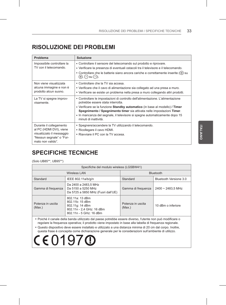 Risoluzione dei problemi, Specifiche tecniche | LG 65UB950V User Manual | Page 178 / 359