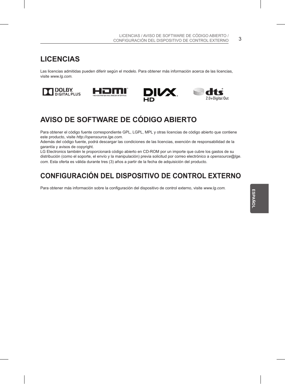 Licencias, Aviso de software de código abierto, Configuración del dispositivo de control externo | LG 65UB950V User Manual | Page 186 / 359
