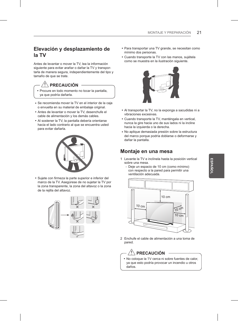 Elevación y desplazamiento de la tv, Montaje en una mesa | LG 65UB950V User Manual | Page 204 / 359