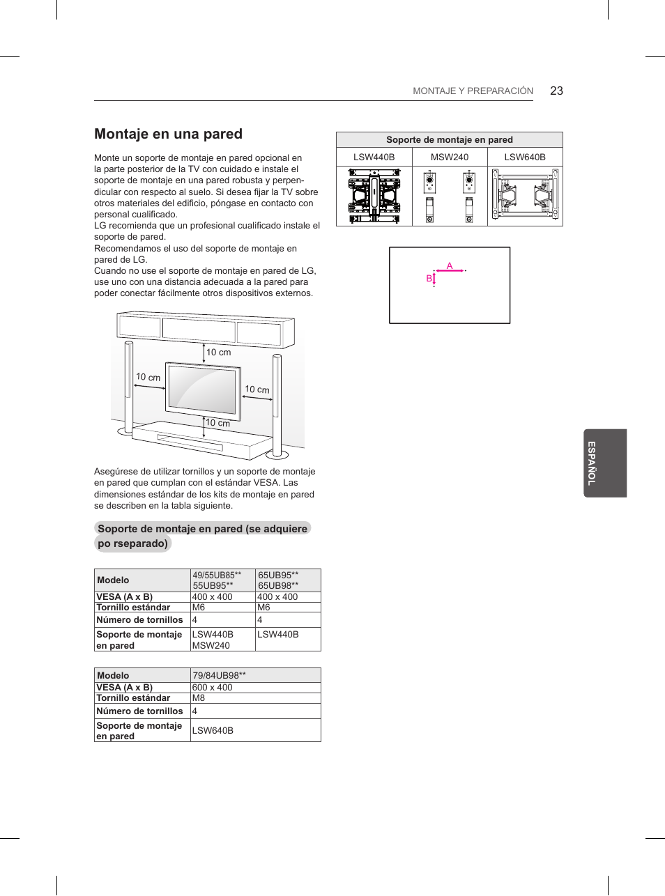 Montaje en una pared | LG 65UB950V User Manual | Page 206 / 359