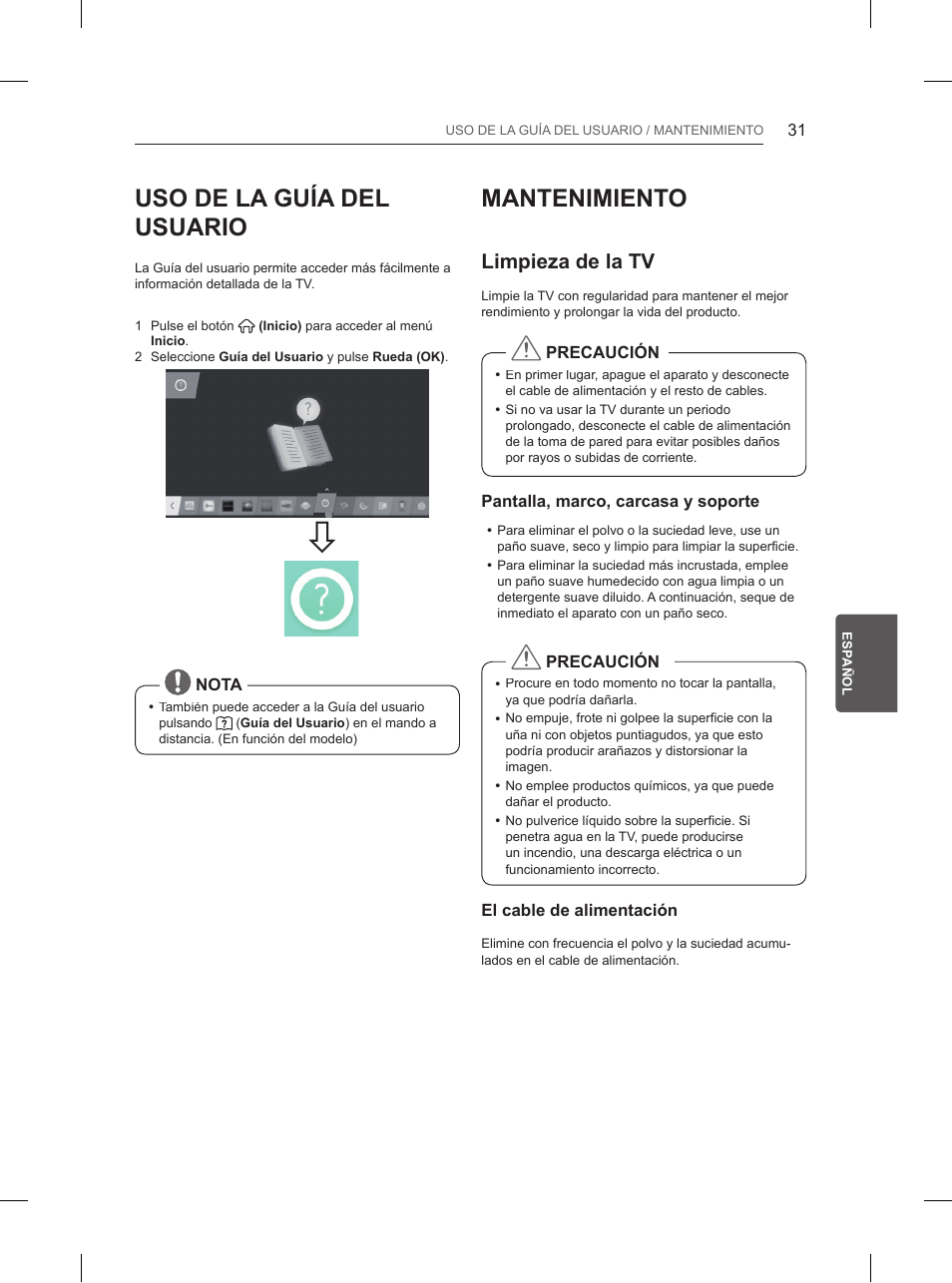 Uso de la guía del usuario, Mantenimiento, Limpieza de la tv | LG 65UB950V User Manual | Page 214 / 359
