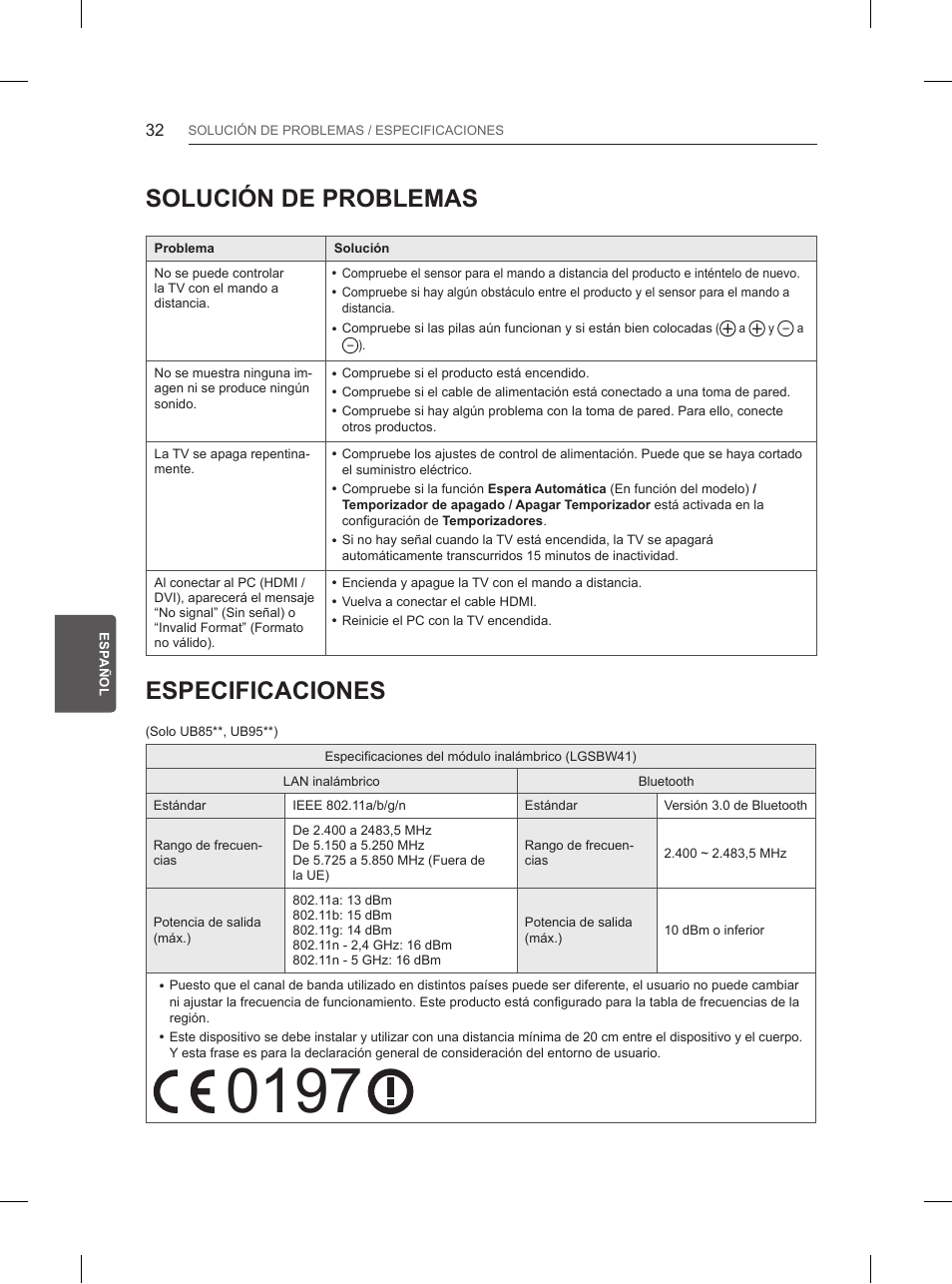 Solución de problemas, Especificaciones | LG 65UB950V User Manual | Page 215 / 359