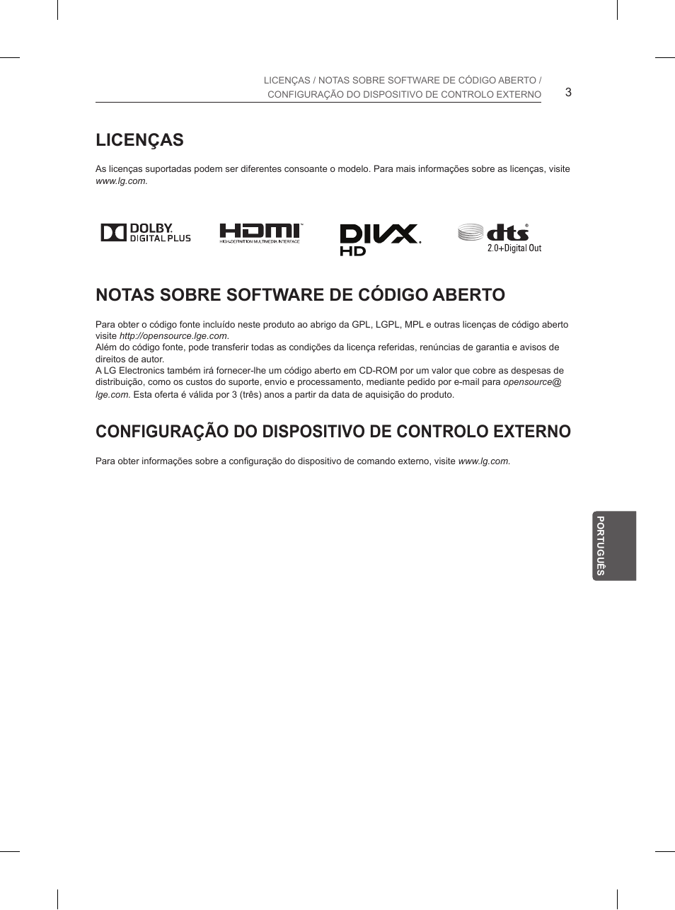 Licenças, Notas sobre software de código aberto, Configuração do dispositivo de controlo externo | LG 65UB950V User Manual | Page 220 / 359