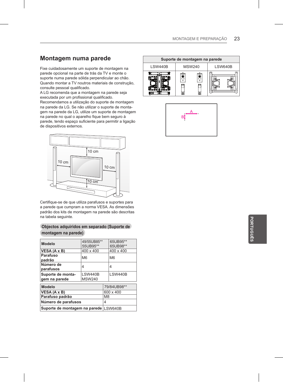 Montagem numa parede | LG 65UB950V User Manual | Page 240 / 359