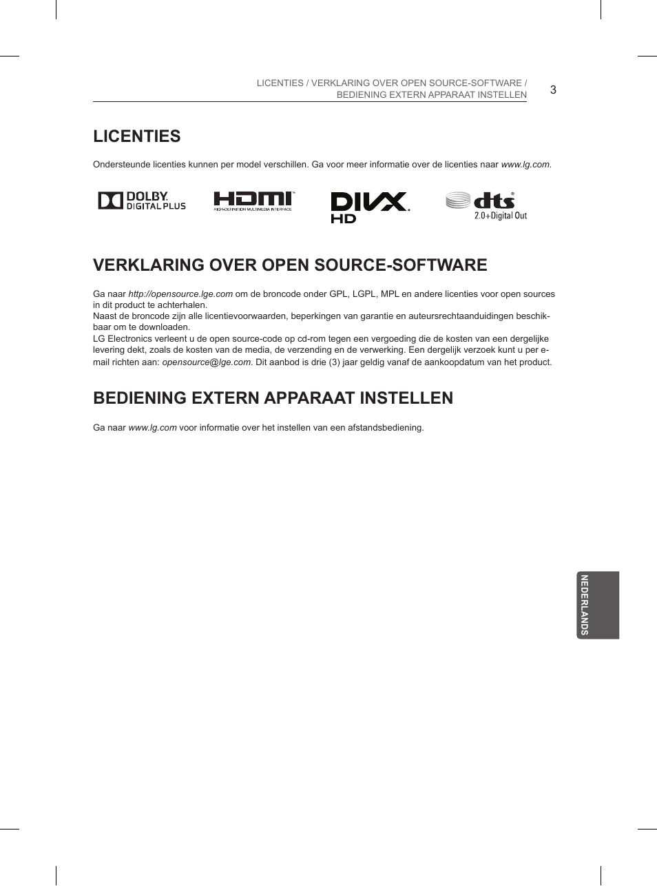 Licenties, Verklaring over open source-software, Bediening extern apparaat instellen | LG 65UB950V User Manual | Page 254 / 359