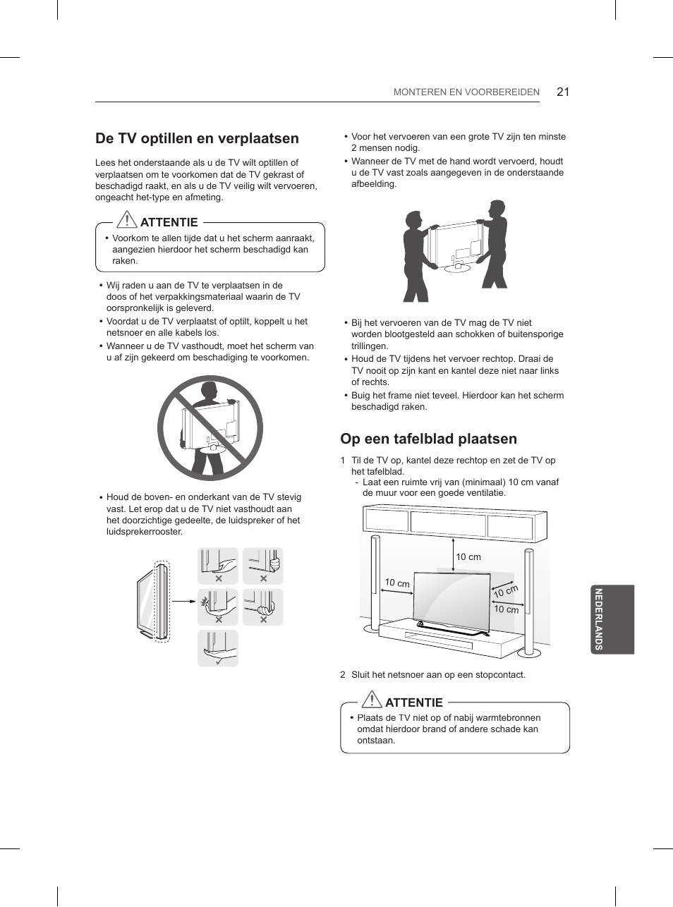 De tv optillen en verplaatsen, Op een tafelblad plaatsen | LG 65UB950V User Manual | Page 272 / 359