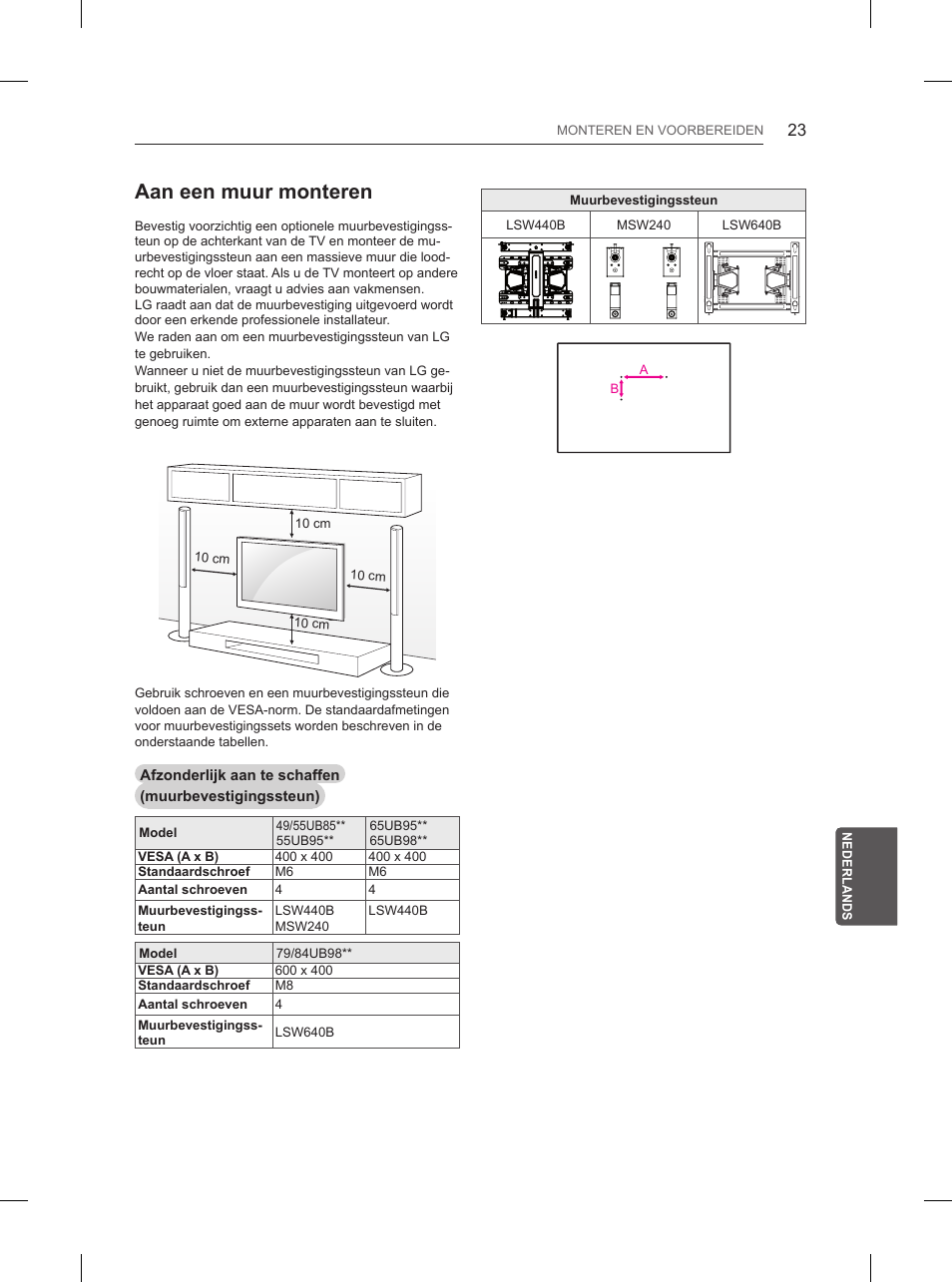 Aan een muur monteren | LG 65UB950V User Manual | Page 274 / 359