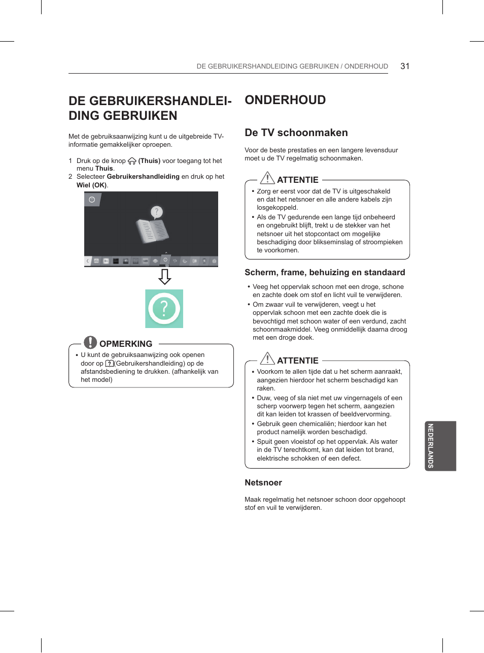 De gebruikershandlei- ding gebruiken, Onderhoud, De tv schoonmaken | LG 65UB950V User Manual | Page 282 / 359