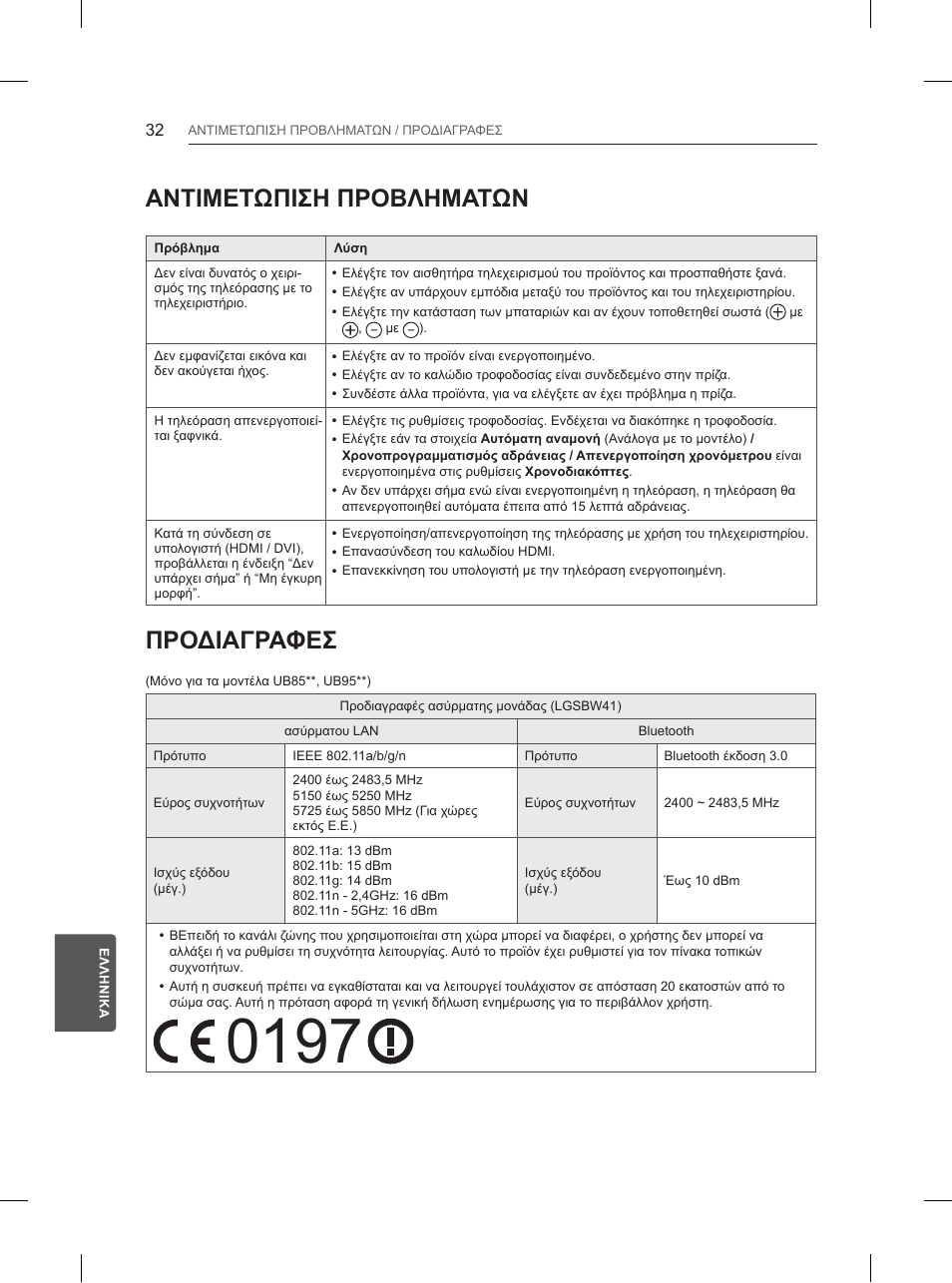 Αντιμετωπιση προβληματων, Προδιαγραφεσ | LG 65UB950V User Manual | Page 317 / 359