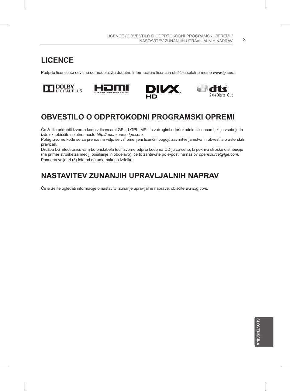 Licence, Obvestilo o odprtokodni programski opremi, Nastavitev zunanjih upravljalnih naprav | LG 65UB950V User Manual | Page 322 / 359