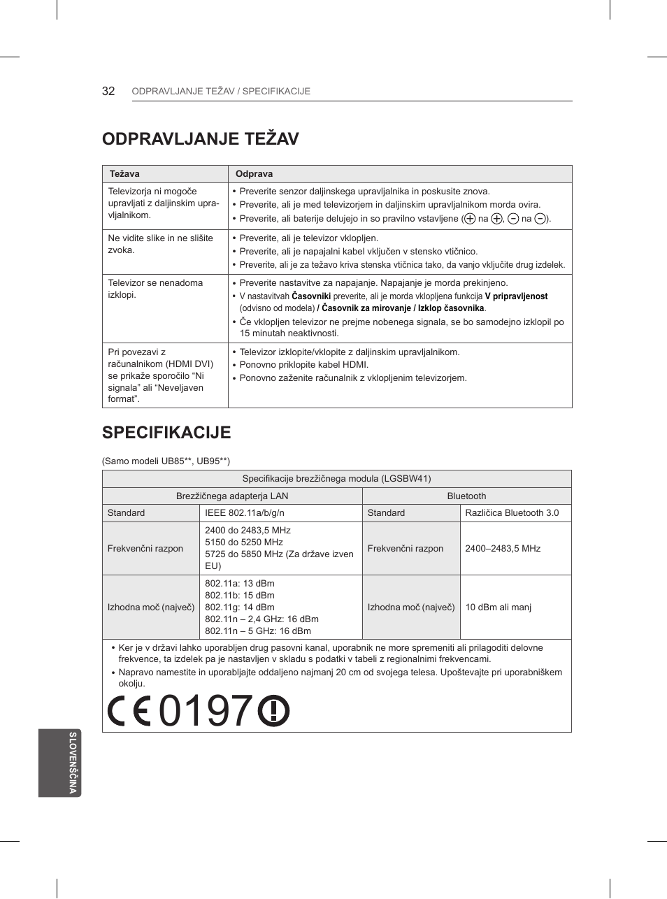 Odpravljanje težav, Specifikacije | LG 65UB950V User Manual | Page 351 / 359