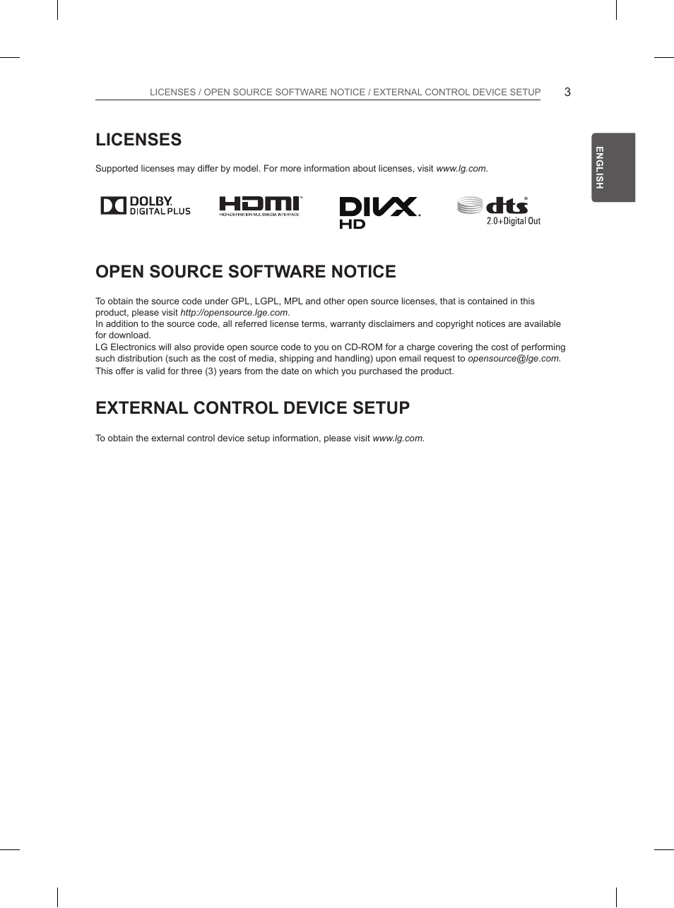Licenses, Open source software notice, External control device setup | LG 65UB950V User Manual | Page 46 / 359