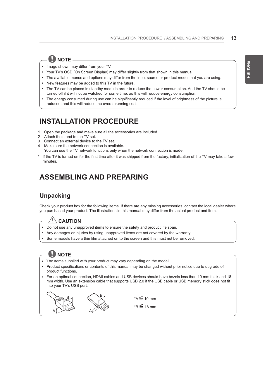 Installation procedure, Assembling and preparing, Unpacking | LG 65UB950V User Manual | Page 56 / 359
