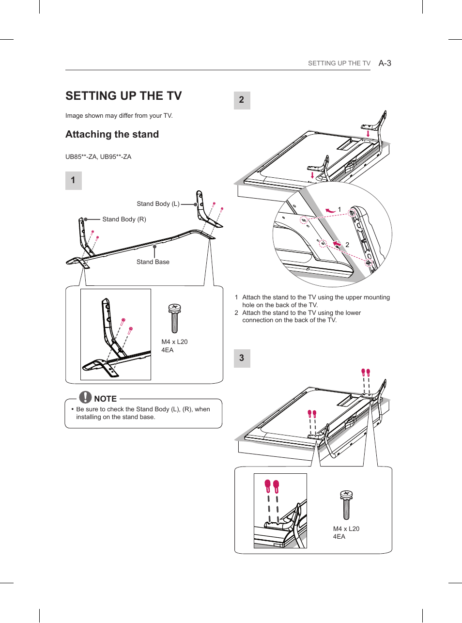 Setting up the tv, Attaching the stand | LG 65UB950V User Manual | Page 6 / 359
