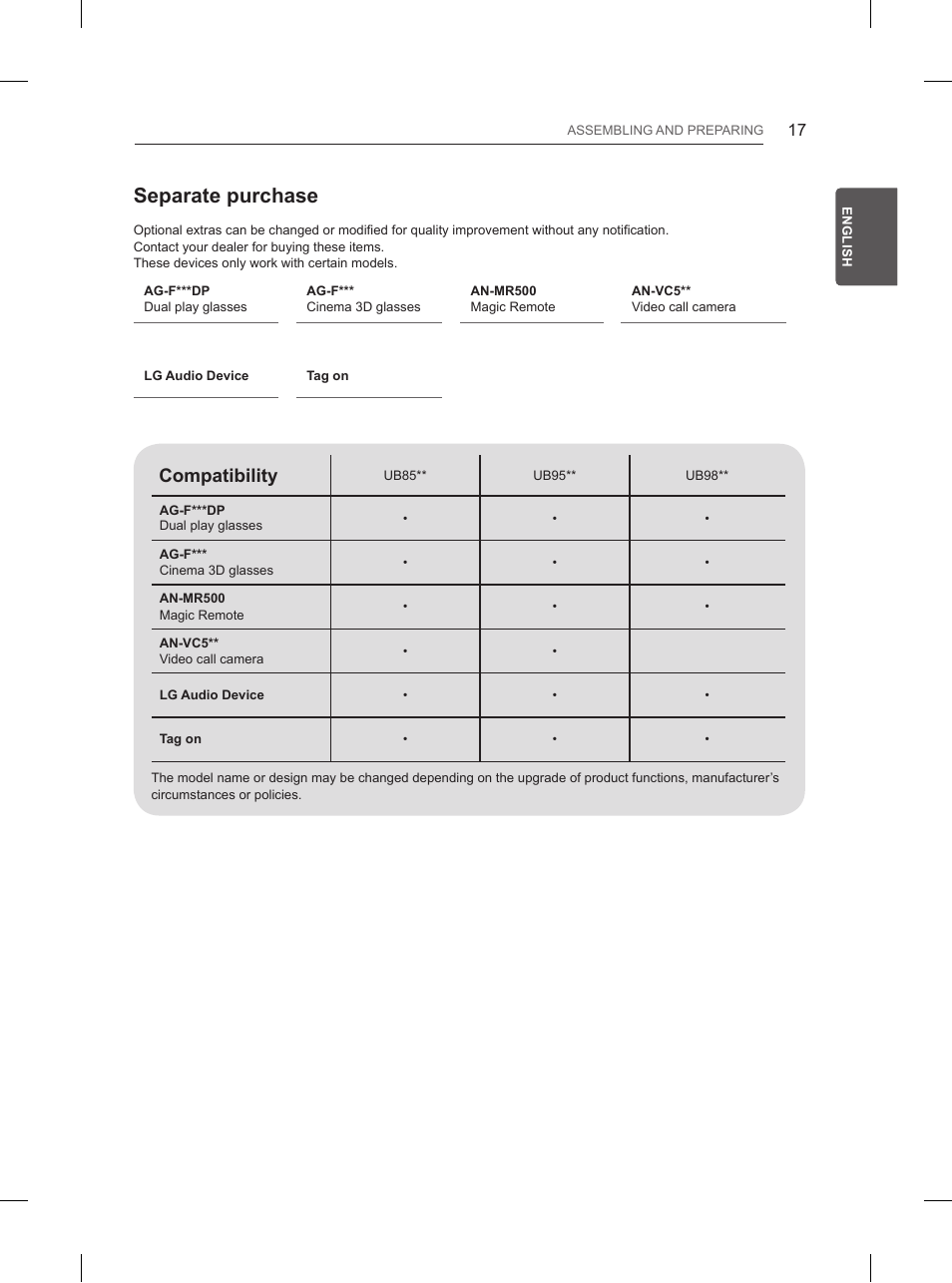 Separate purchase, Compatibility | LG 65UB950V User Manual | Page 60 / 359