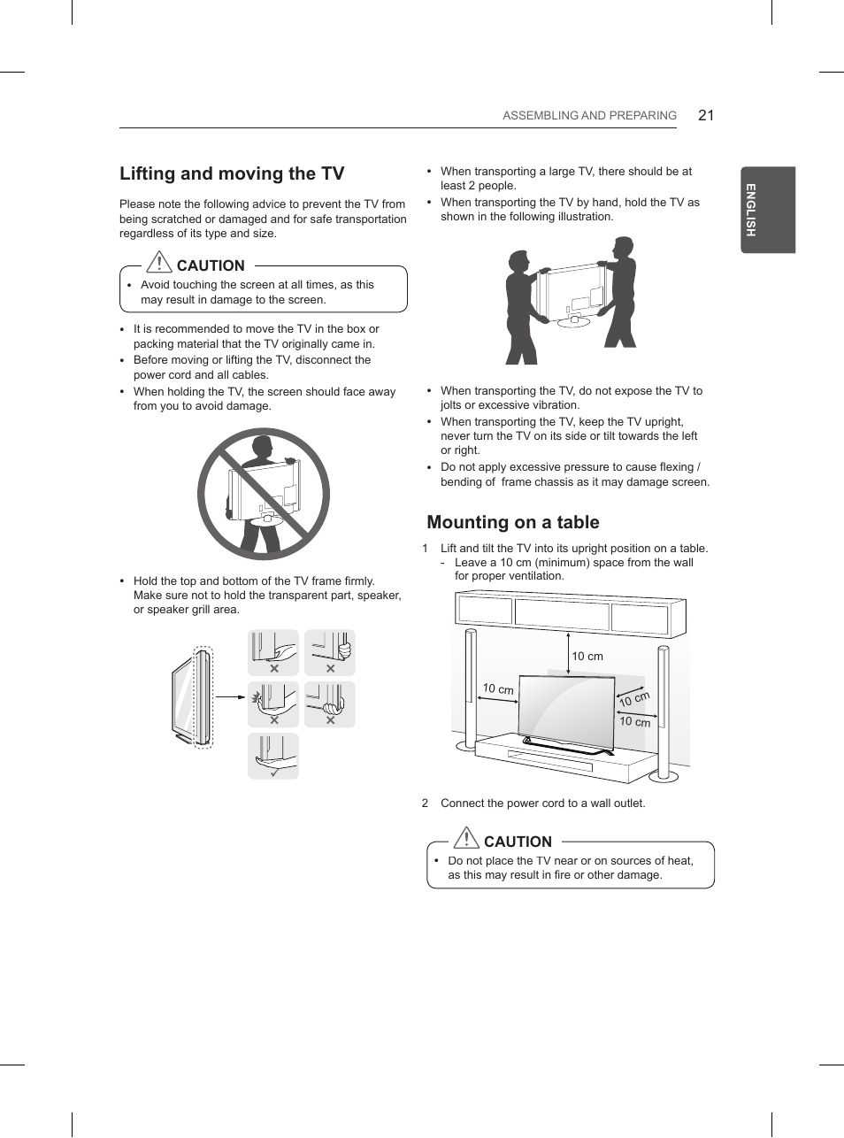 Lifting and moving the tv, Mounting on a table | LG 65UB950V User Manual | Page 64 / 359