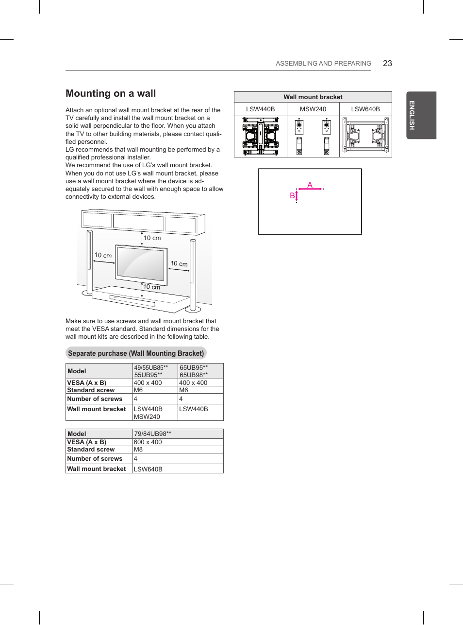 Mounting on a wall | LG 65UB950V User Manual | Page 66 / 359