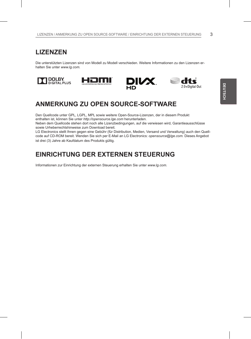 Lizenzen, Anmerkung zu open source-software, Einrichtung der externen steuerung | LG 65UB950V User Manual | Page 80 / 359