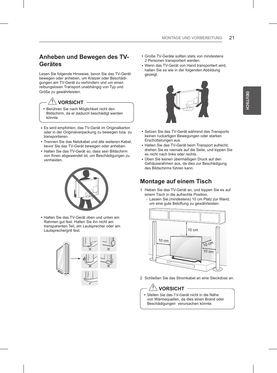 Anheben und bewegen des tv- gerätes, Montage auf einem tisch | LG 65UB950V User Manual | Page 98 / 359