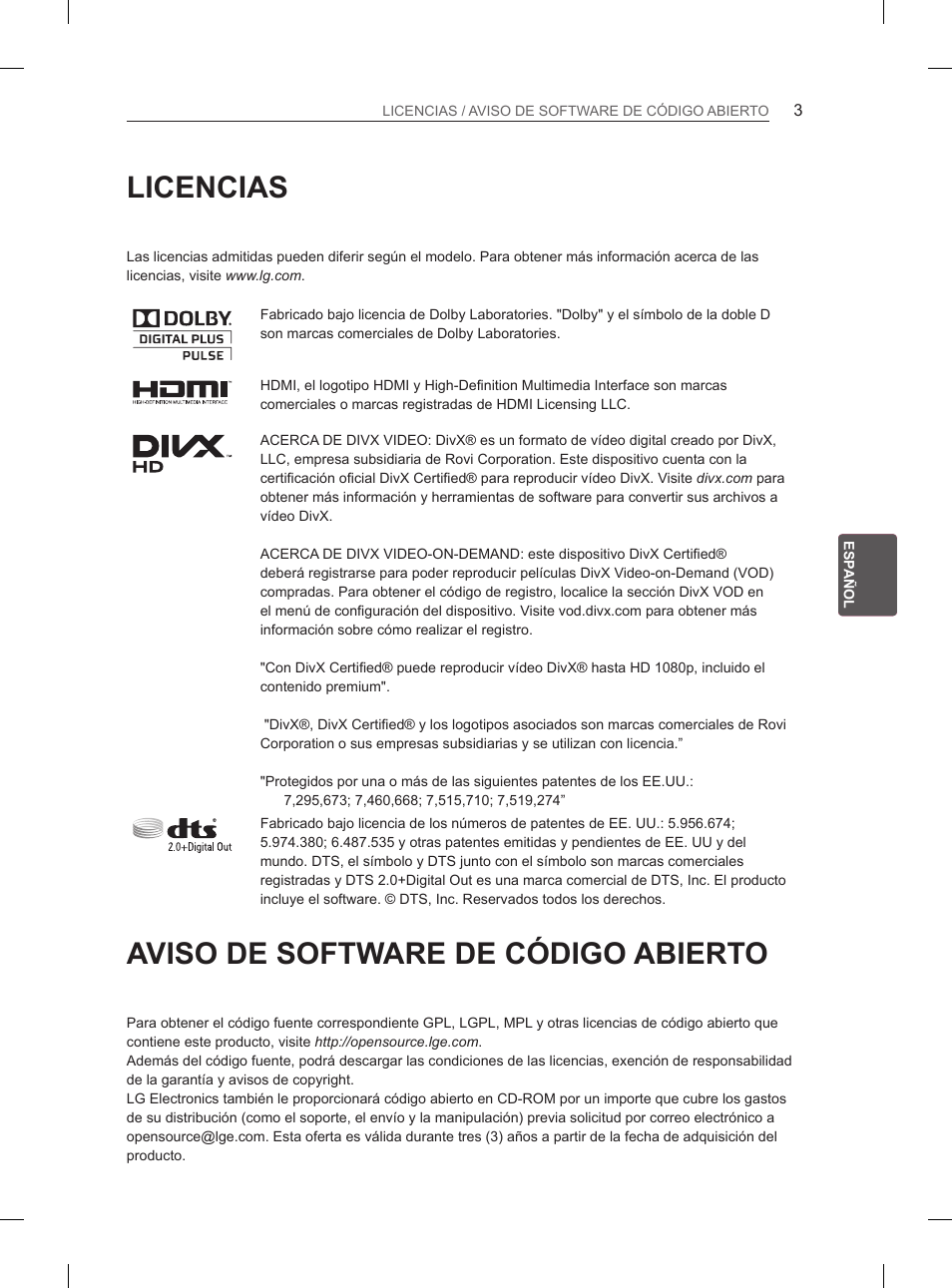 Licencias, Aviso de software de código abierto | LG 65LM620S User Manual | Page 129 / 274