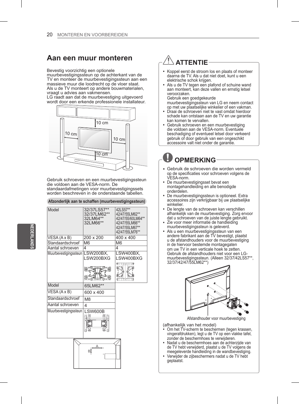 Aan een muur monteren, Attentie, Opmerking | LG 65LM620S User Manual | Page 202 / 274