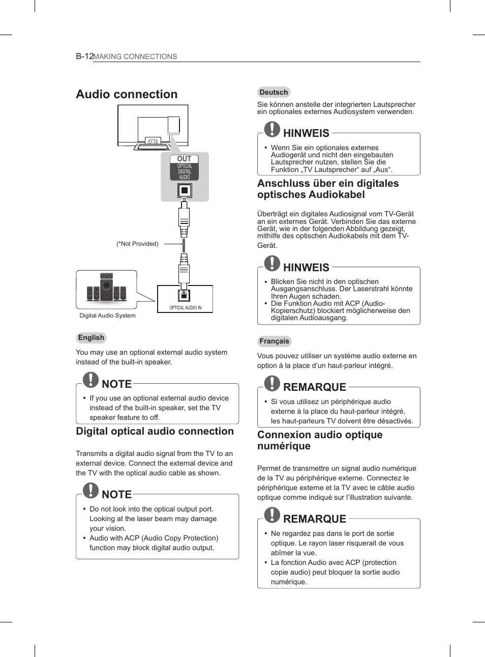 Audio connection, Hinweis, Remarque | Digital optical audio connection, Anschluss über ein digitales optisches audiokabel, Connexion audio optique numérique | LG 65LM620S User Manual | Page 250 / 274