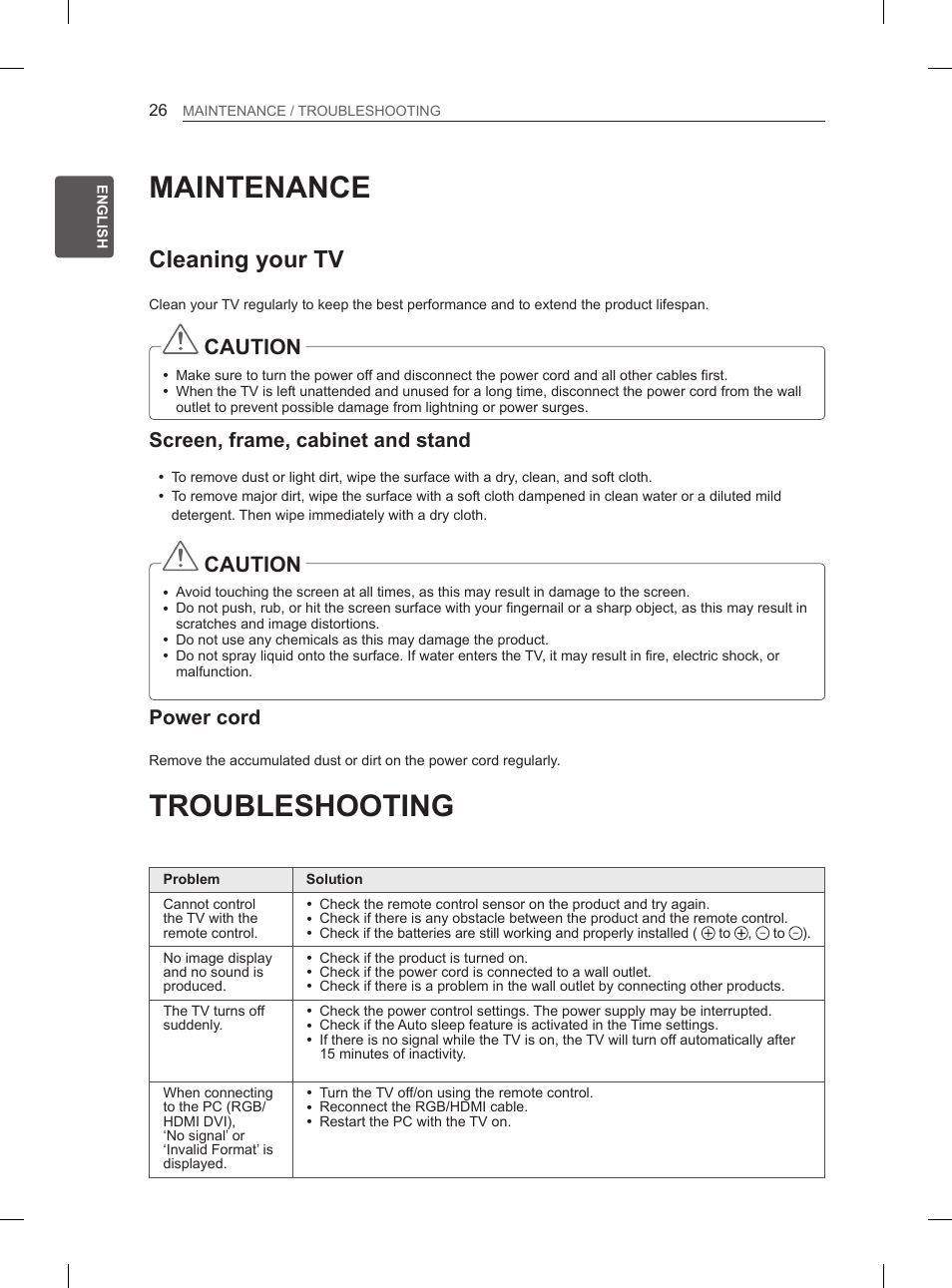 Maintenance, Troubleshooting, Cleaning your tv | Caution, Screen, frame, cabinet and stand, Power cord | LG 65LM620S User Manual | Page 34 / 274