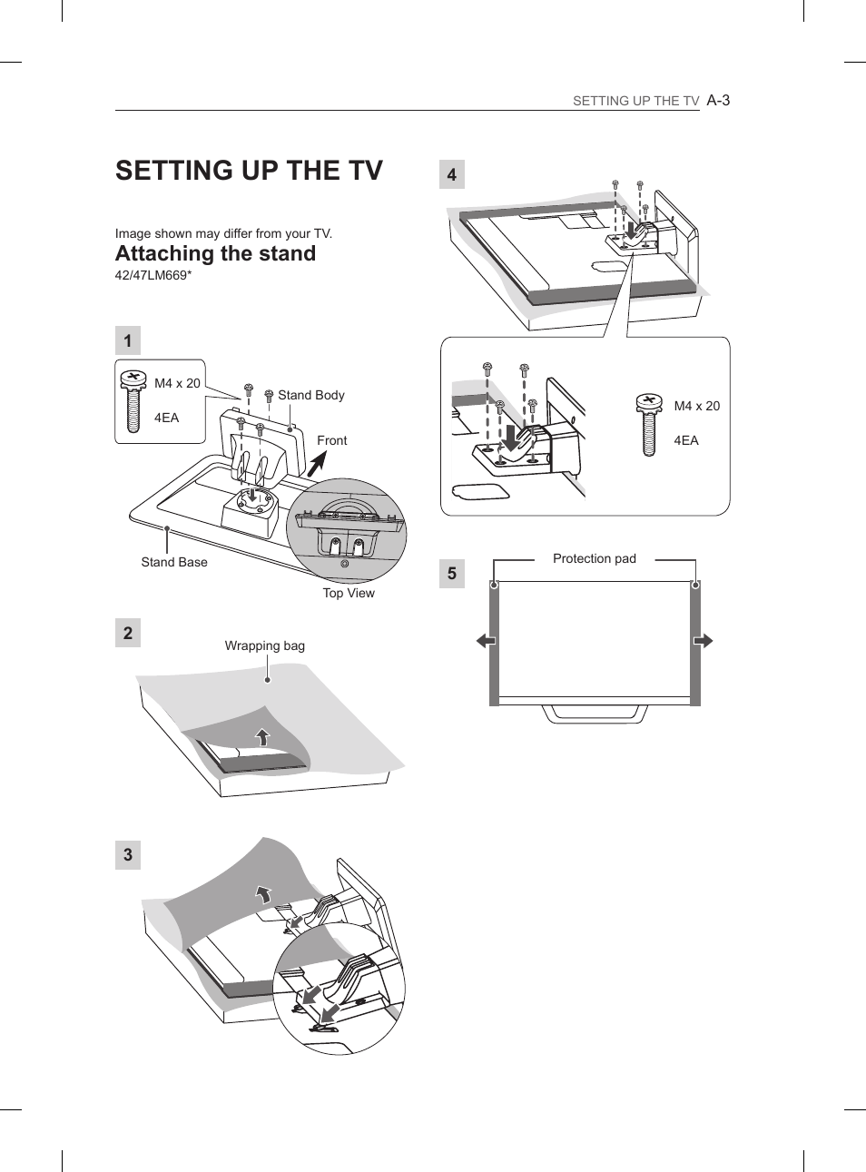 Setting up the tv, Attaching the stand | LG 65LM620S User Manual | Page 5 / 274