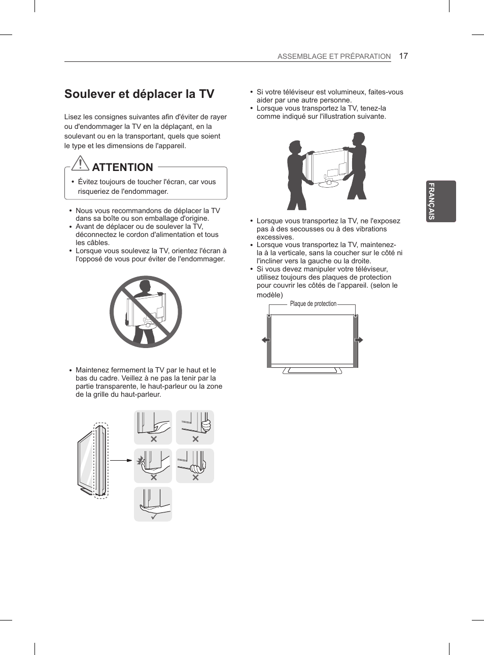Soulever et déplacer la tv, Attention | LG 65LM620S User Manual | Page 81 / 274
