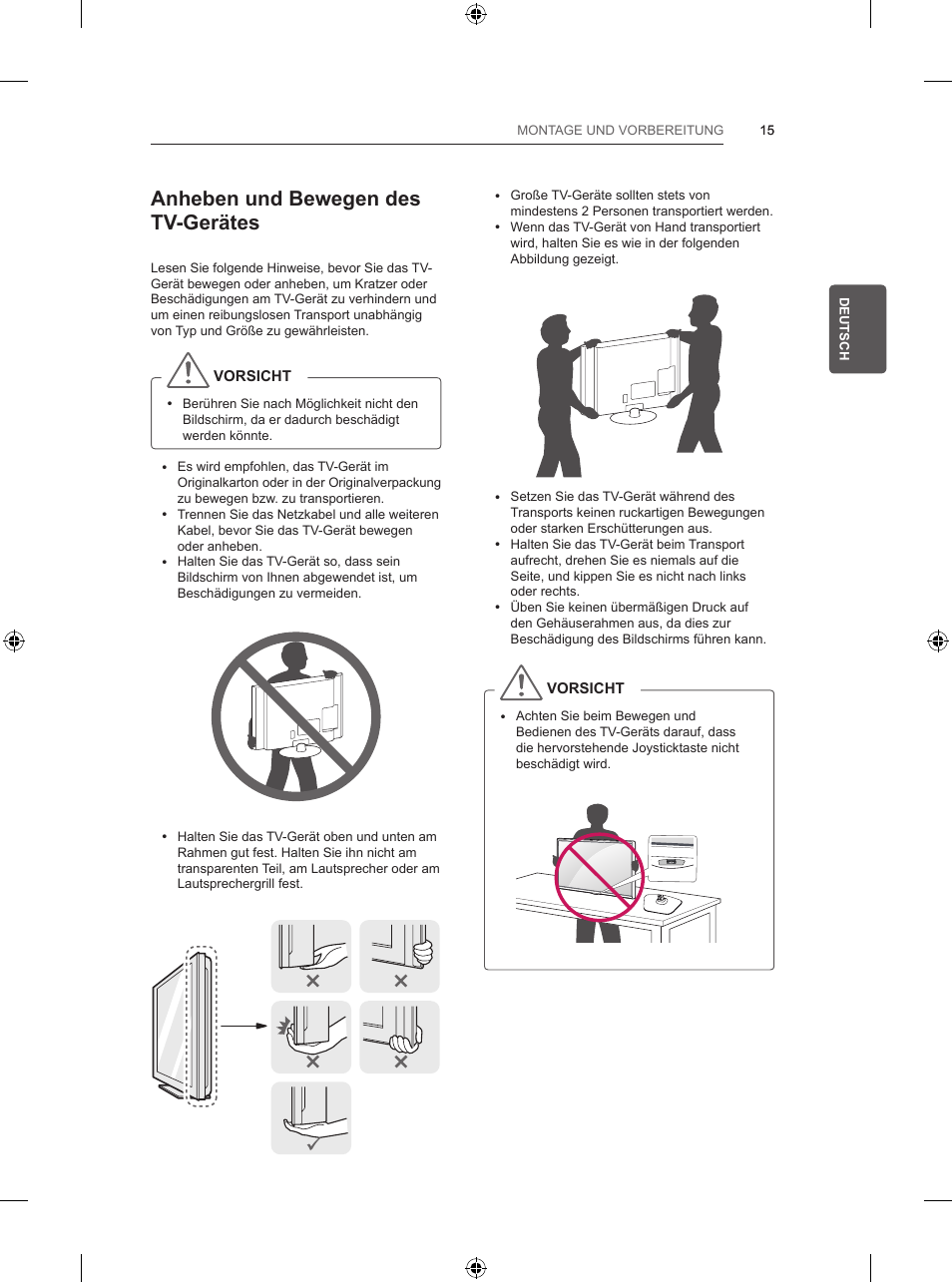 Anheben und bewegen des tv-gerätes | LG 42LB5820 User Manual | Page 61 / 236