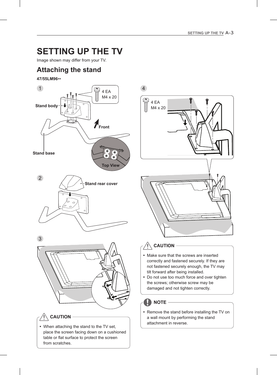 Setting up the tv, Attaching the stand | LG 47LM960V User Manual | Page 3 / 260
