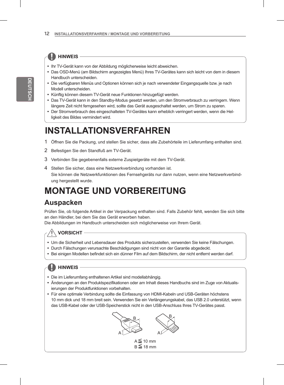 Installationsverfahren, Montage und vorbereitung, Auspacken | LG 47LM960V User Manual | Page 48 / 260