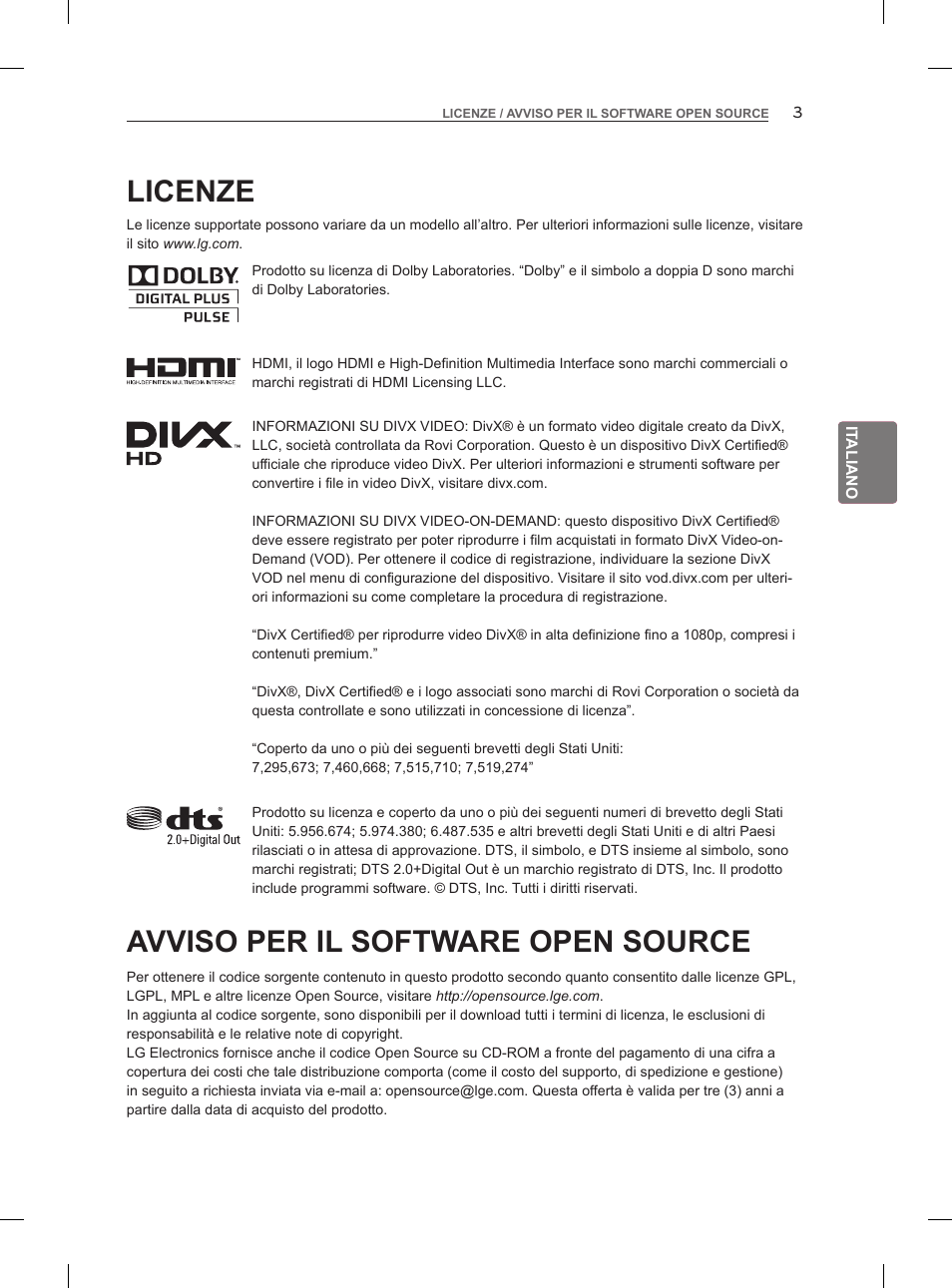 Licenze, Avviso per il software open source | LG 47LM960V User Manual | Page 91 / 260