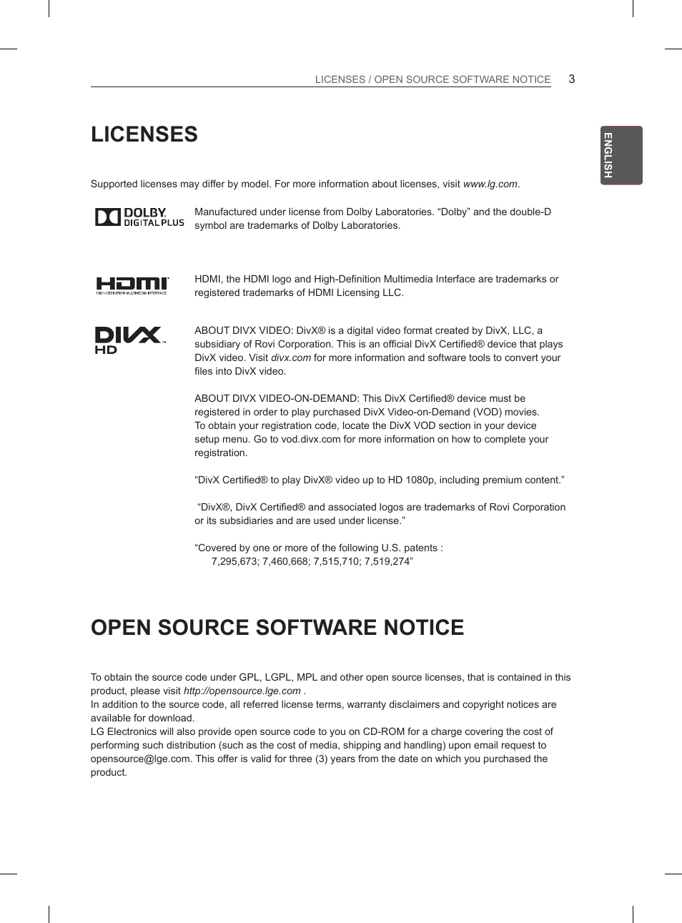 Licenses, Open source software notice | LG 42LS3400 User Manual | Page 11 / 237