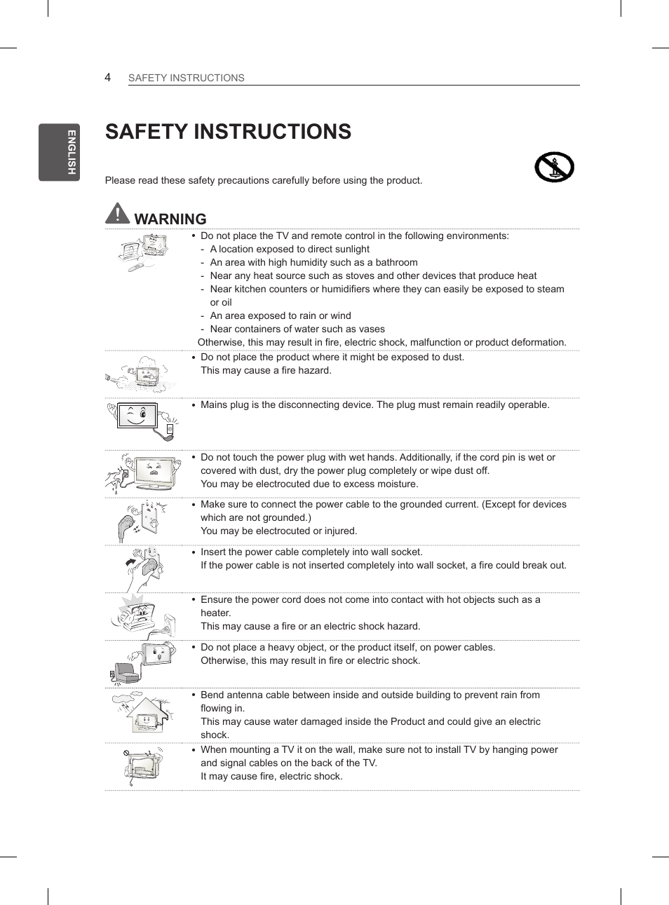 Safety instructions, Warning | LG 42LS3400 User Manual | Page 12 / 237