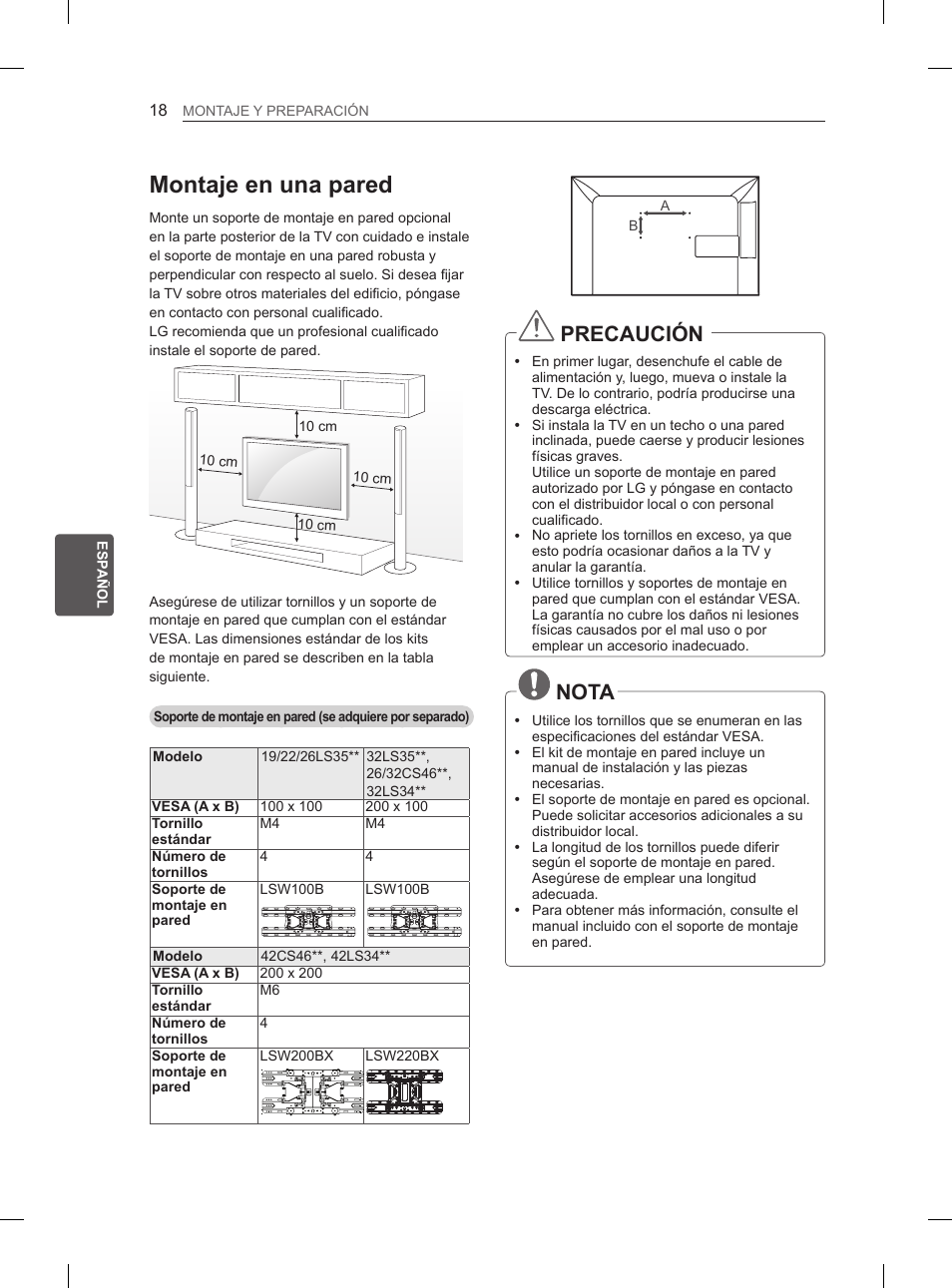 Montaje en una pared, Precaución, Nota | LG 42LS3400 User Manual | Page 120 / 237
